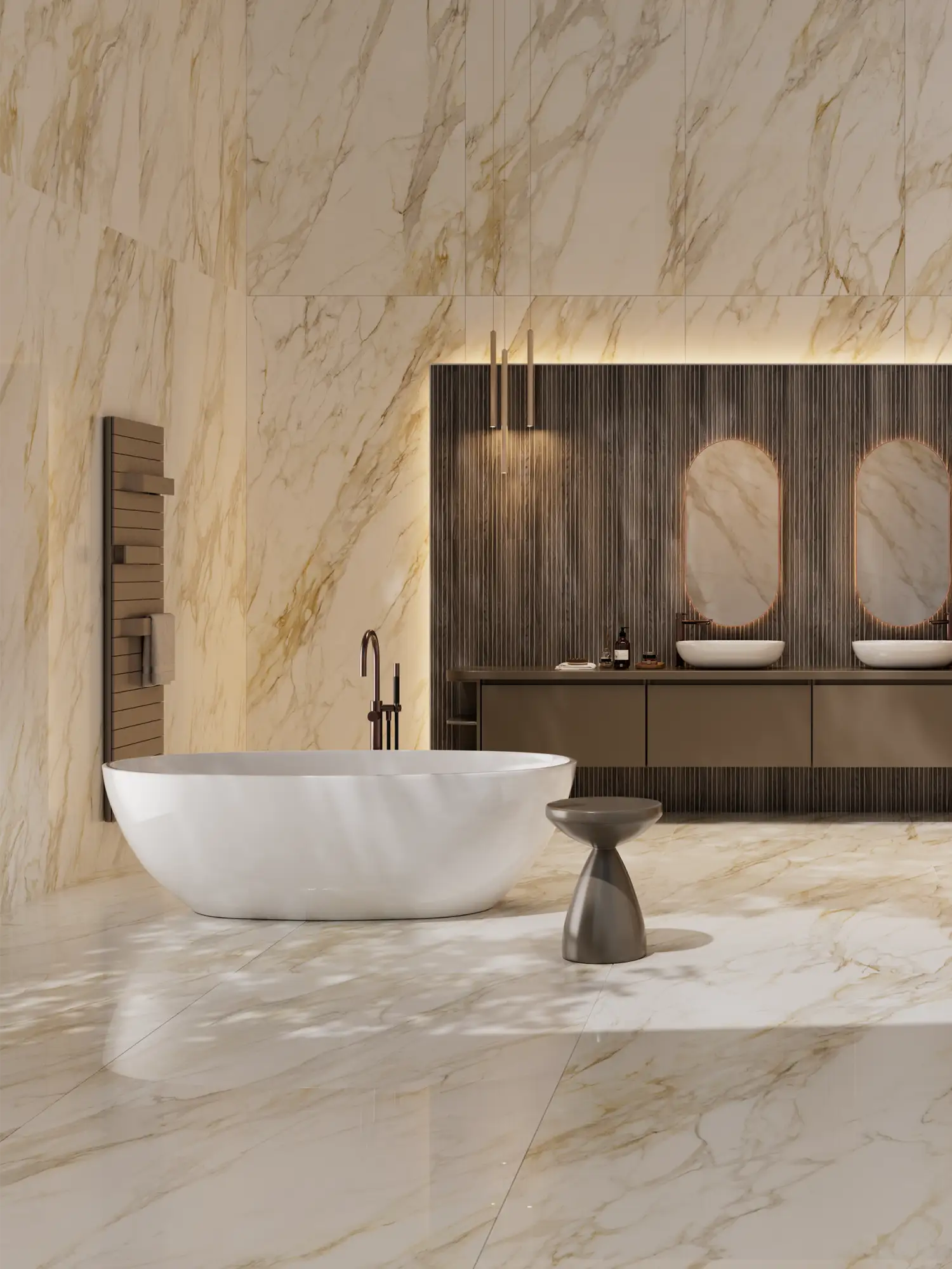 Badkamer met natuursteen en warme materialen