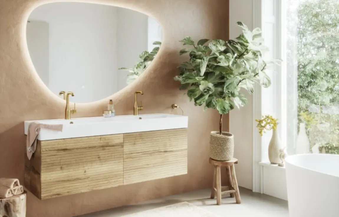 Warme najaarsbadkamer afbeelding houten meubel Baderie