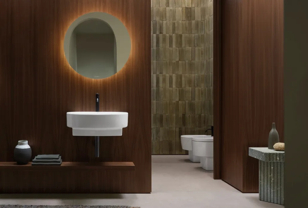 Duravit badkamer hout bruin groen witte wasbak